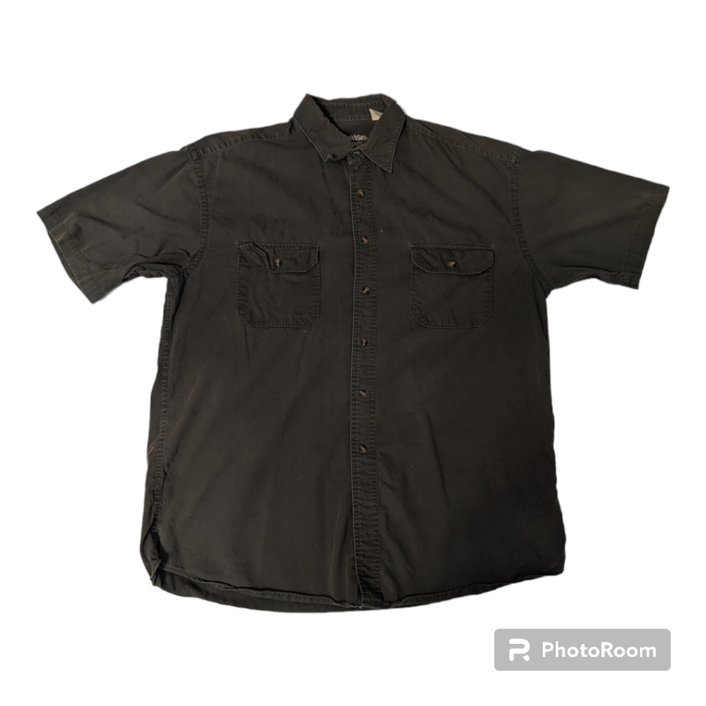 St John's Bay Bay Twill Dark Olive Green Cotton Button Front SS Shirt. Men's Lrg